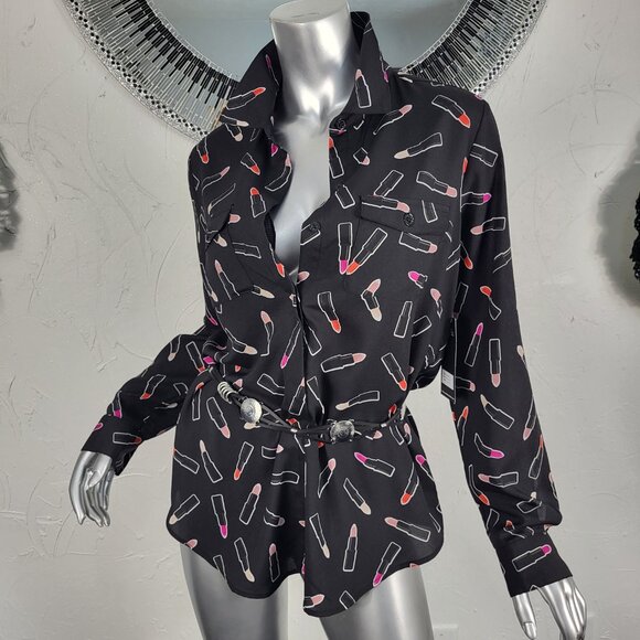 NWT~$70~KARL LAGERFELD~M~BLACK RED PINK LIPSTICK TUNIC TOP BLOUSE SHIRT - Picture 2 of 16